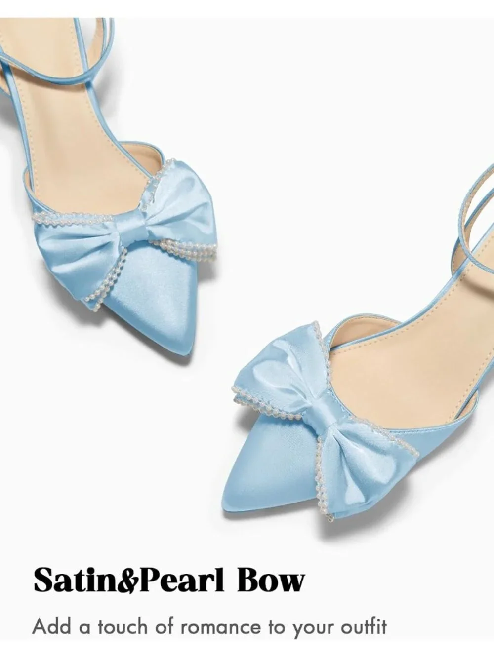 Women's Blue Satin Kitten Low Heels Bow Pearl Closed Pointed Toe Ankle Strap